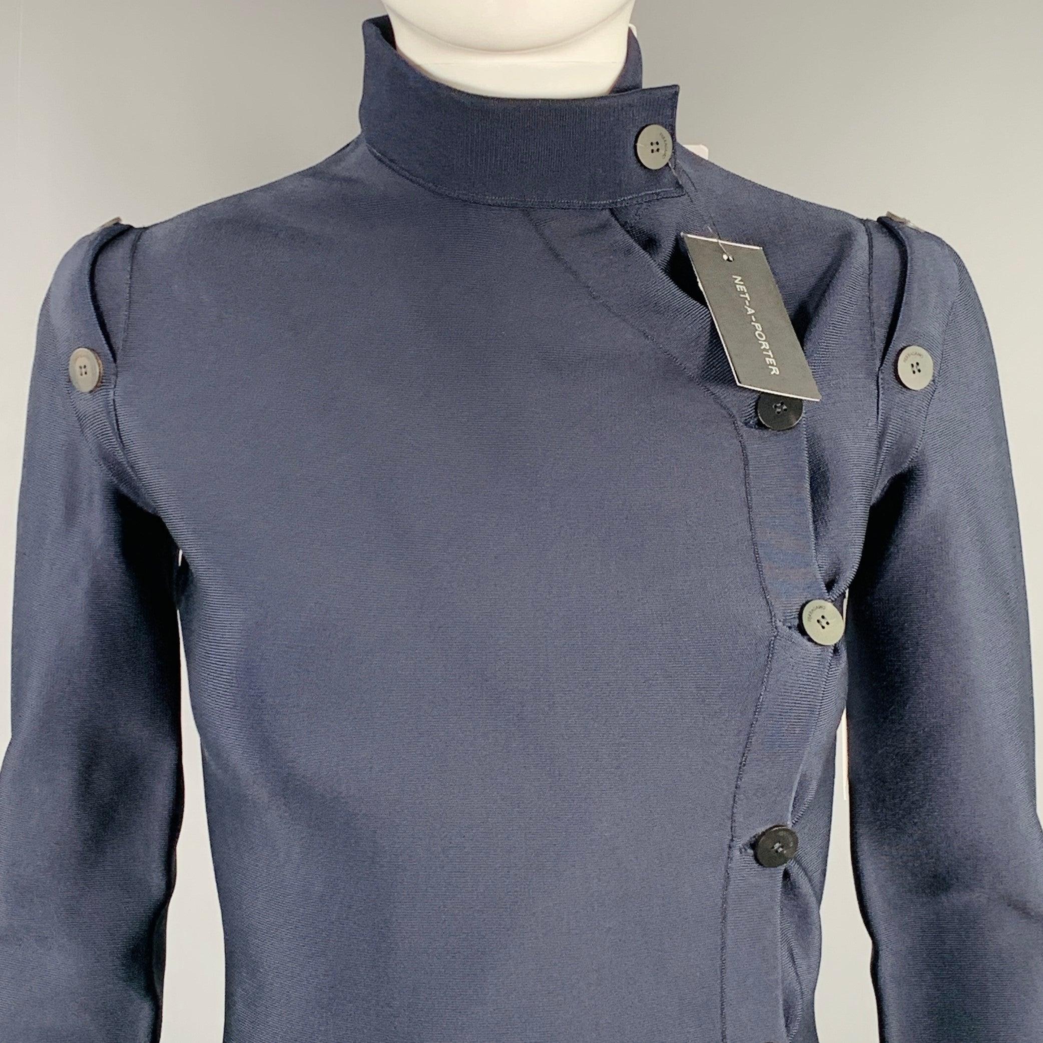 SALVATORE FERRAGAMO dress
in a navy viscose blend fabric featuring a mini length, high neck, and asymmetrical button closure with button shoulder details. Made in Italy.New with Tags. 

Marked:   XS 

Measurements: 
 
Shoulder: 13 inches Sleeve: 26