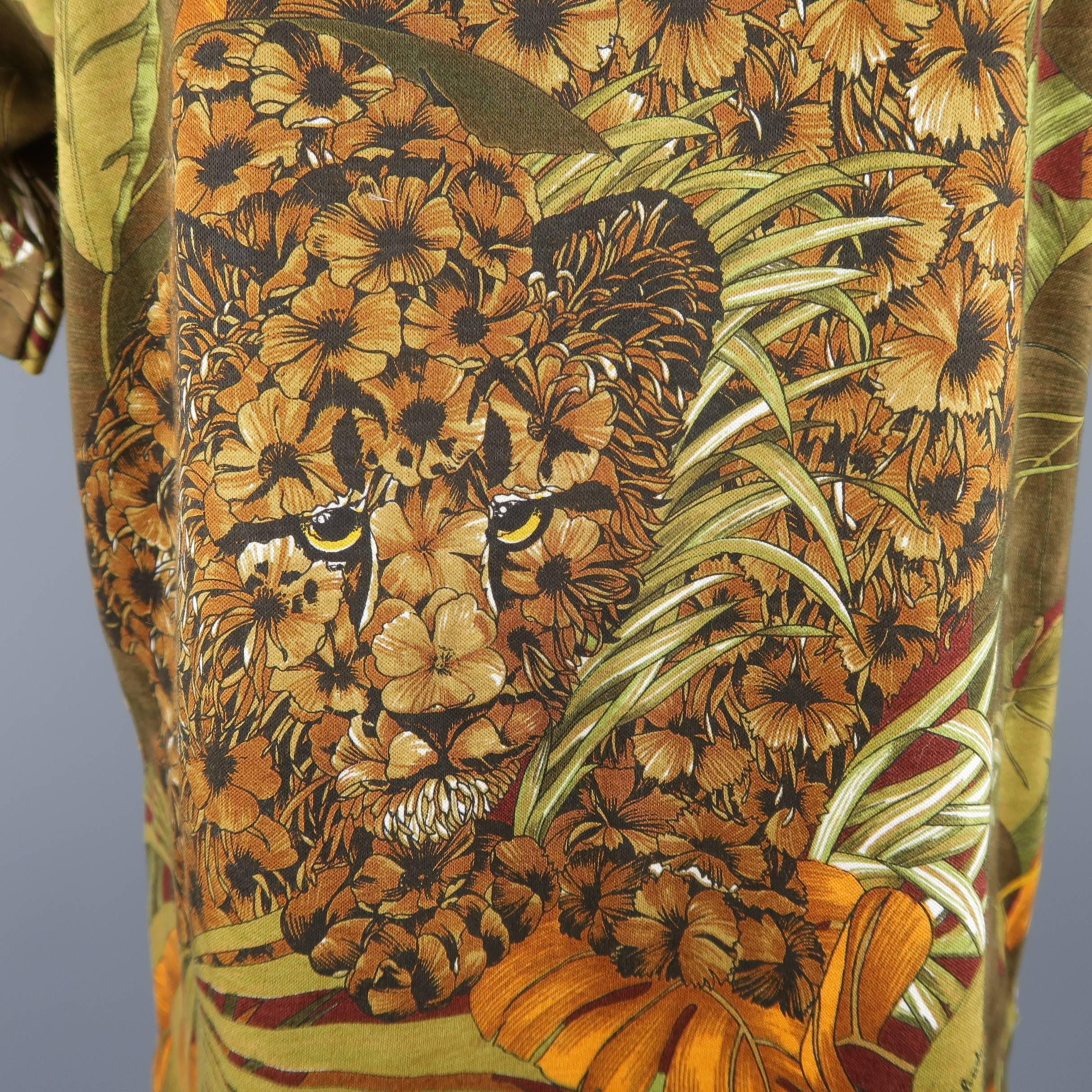 Brown SALVATORE FERRAGAMO Size XS Olive Leaves & Tigers Jungle Print Cotton T-shirt