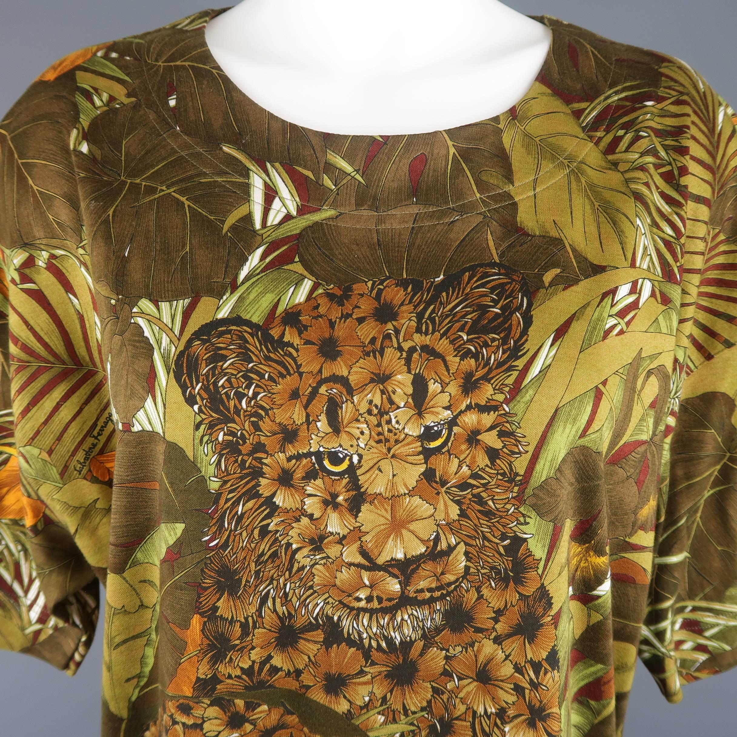 SALVATORE FERRAGAMO Size XS Olive Leaves & Tigers Jungle Print Cotton T-shirt In Good Condition In San Francisco, CA