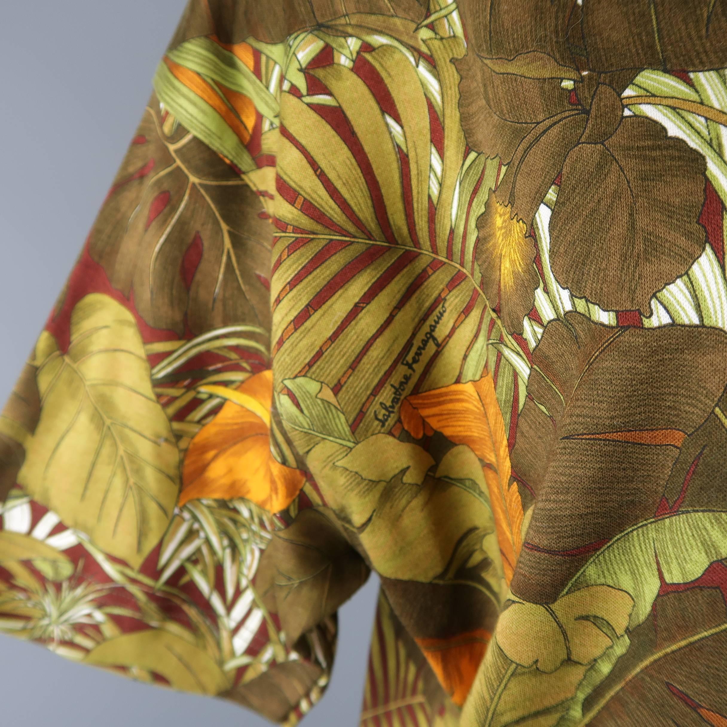 Women's or Men's SALVATORE FERRAGAMO Size XS Olive Leaves & Tigers Jungle Print Cotton T-shirt