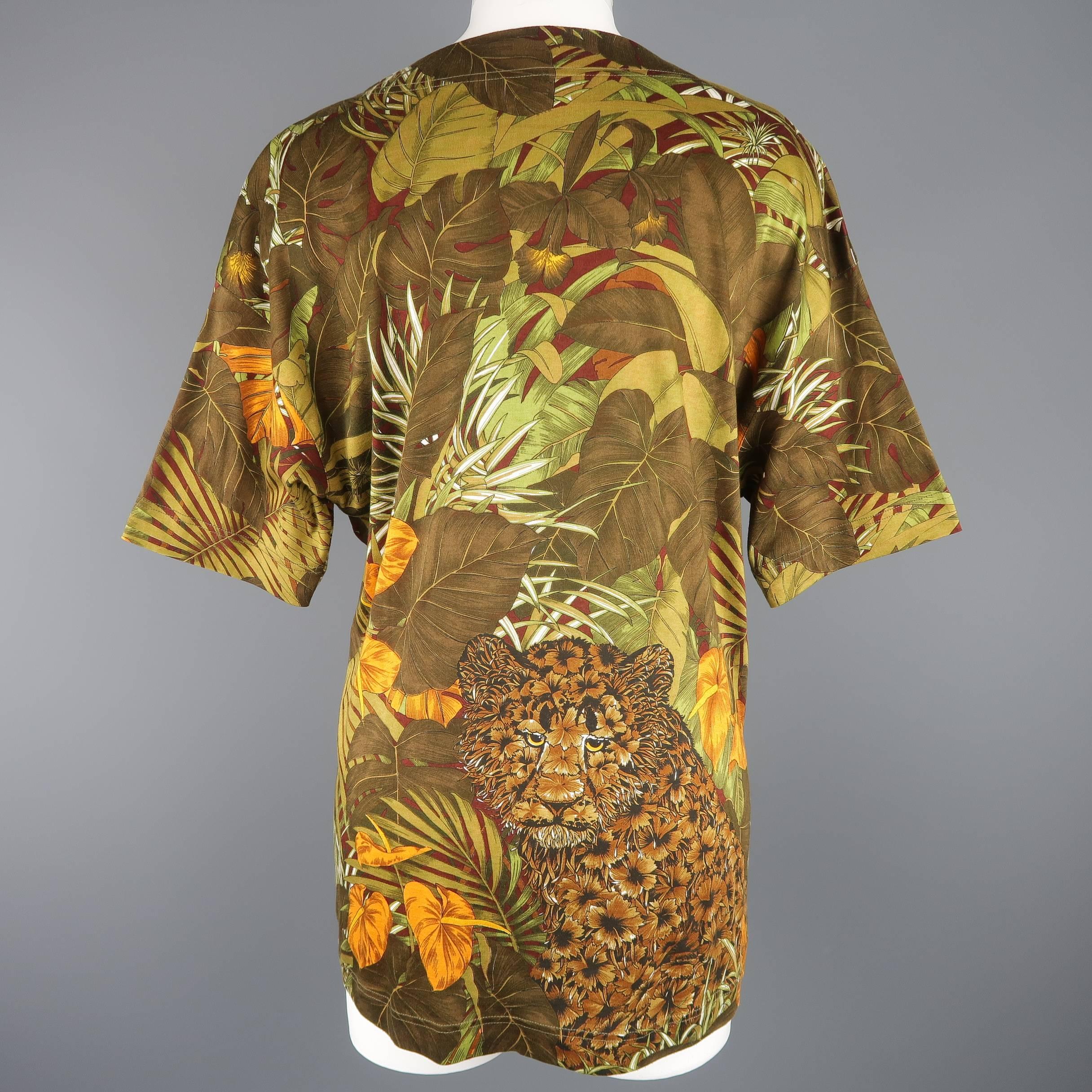 SALVATORE FERRAGAMO Size XS Olive Leaves & Tigers Jungle Print Cotton T-shirt 2