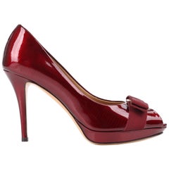 SALVATORE FERRAGAMO "Talia" Ruby Red Patent Lizard Leather Peep Toe Pump NIB