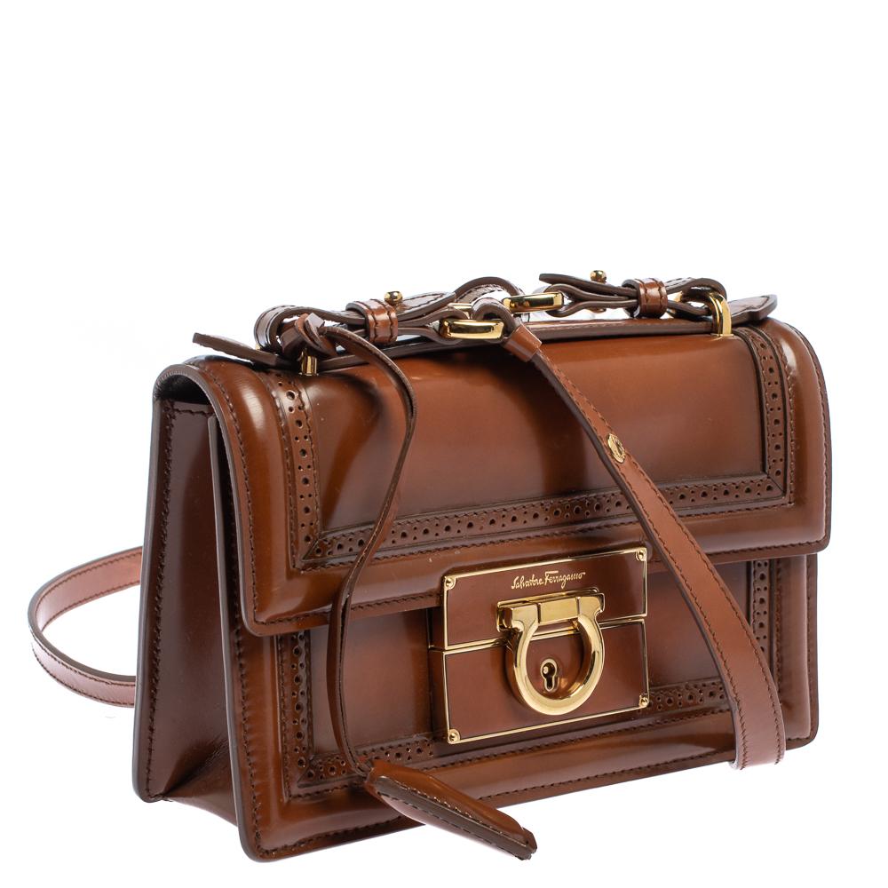 Brown Salvatore Ferragamo Tan Brogue Glossy Leather Aileen Shoulder Bag