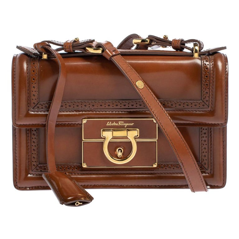 Salvatore Ferragamo Tan Brogue Glossy Leather Aileen Shoulder Bag at