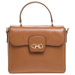 Salvatore Ferragamo Tan Leather Double Gancio Top Handle Bag