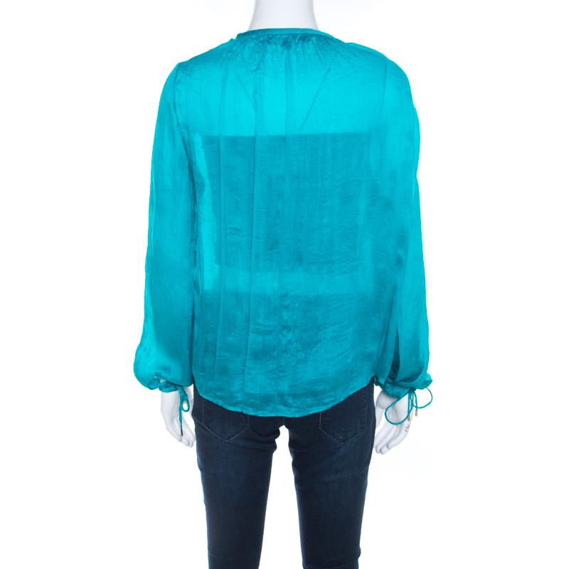 Salvatore Ferragamo Teal Blue Silk Plisse Long Sleeve Shirt S In Excellent Condition In Dubai, Al Qouz 2
