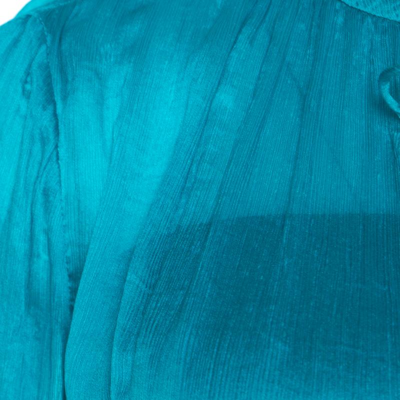 Women's Salvatore Ferragamo Teal Blue Silk Plisse Long Sleeve Shirt S