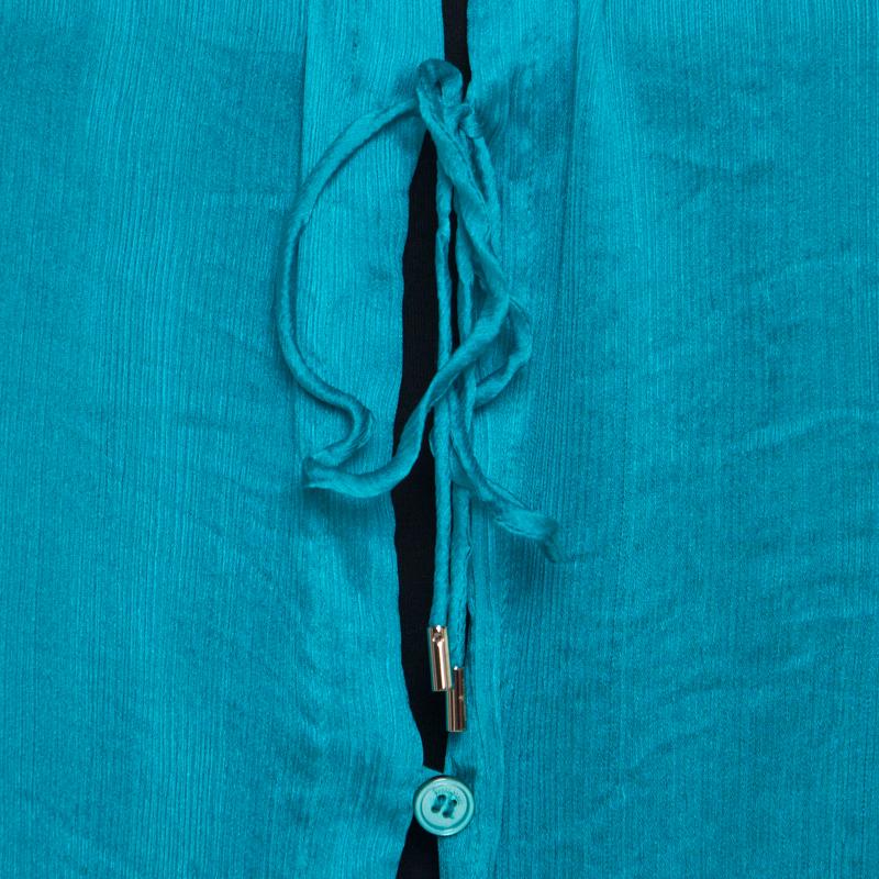 Salvatore Ferragamo Teal Blue Silk Plisse Long Sleeve Shirt S 1