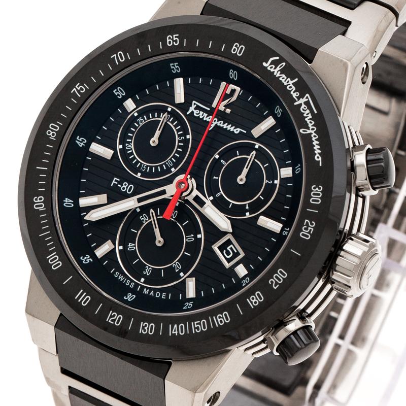 Die anlässlich des 80-jährigen Jubiläums von Ferragamo vorgestellten F-80-Uhren sind luxuriös und sportlich. Dieser Zeitmesser mit Chronographenfunktion befriedigt den Wunsch des modernen Mannes nach technischen Spitzenleistungen. Die Kombination