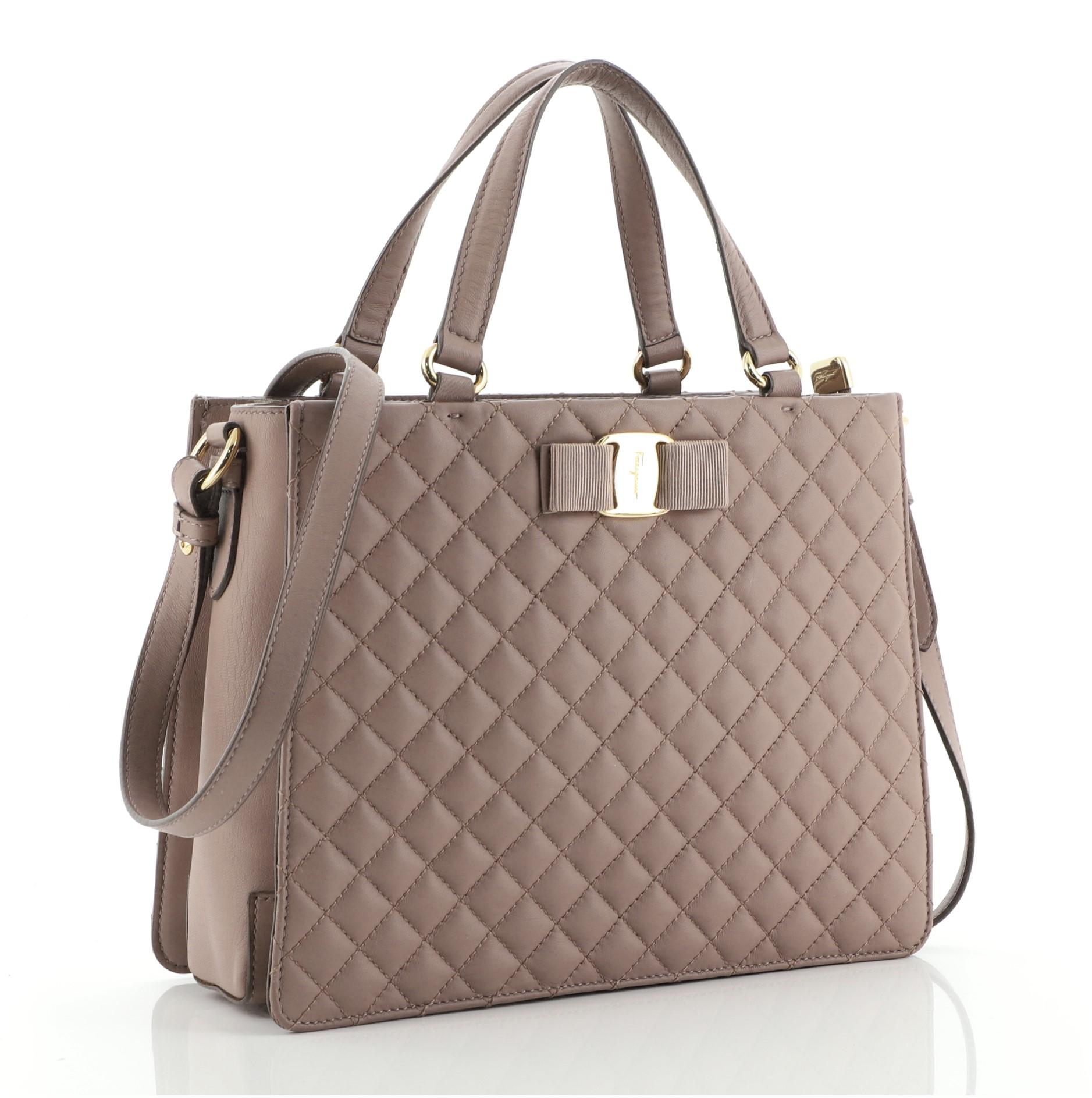 Brown Salvatore Ferragamo Tracy Bow Tote Quilted Leather