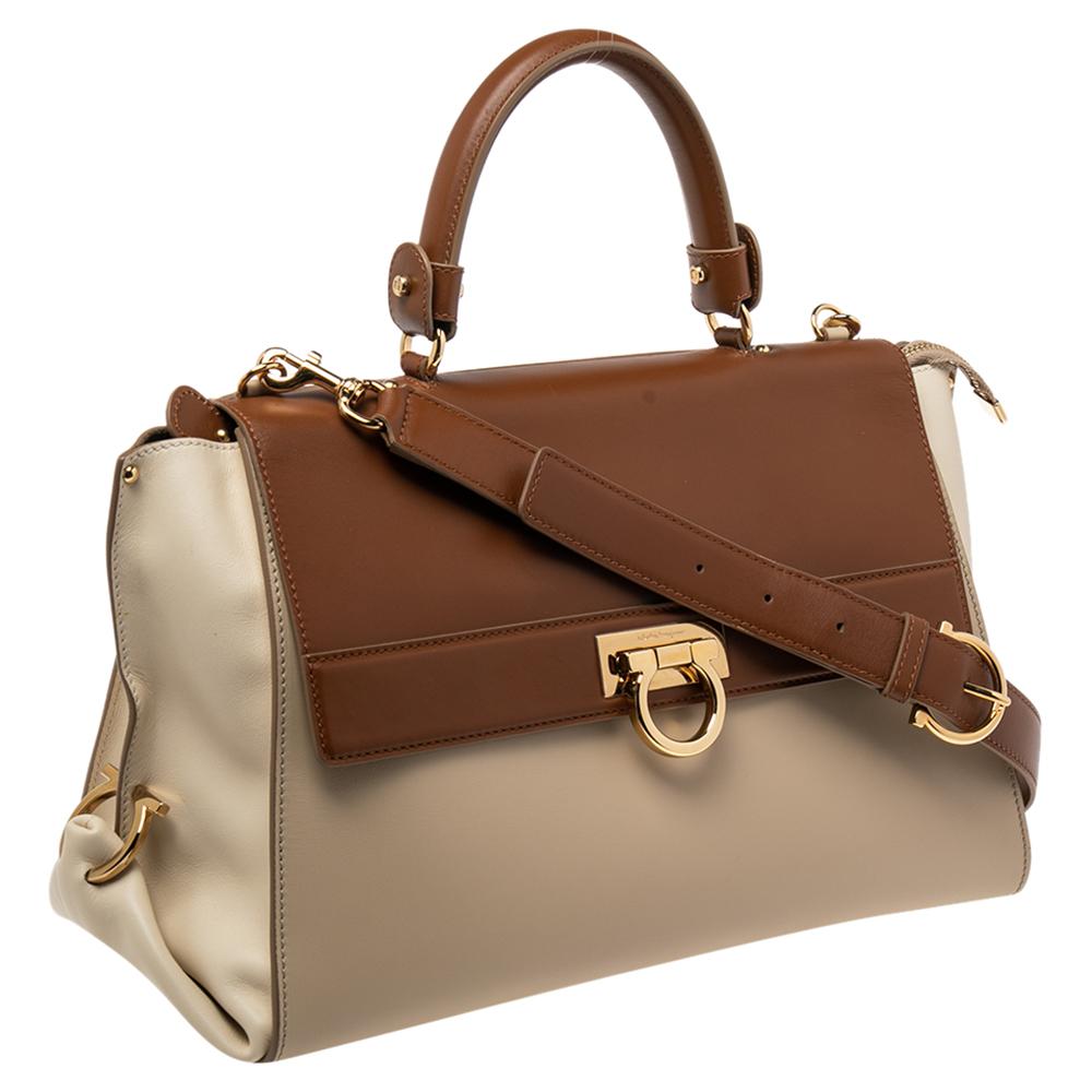 Brown Salvatore Ferragamo Tricolor Leather Large Sofia Top Handle Bag