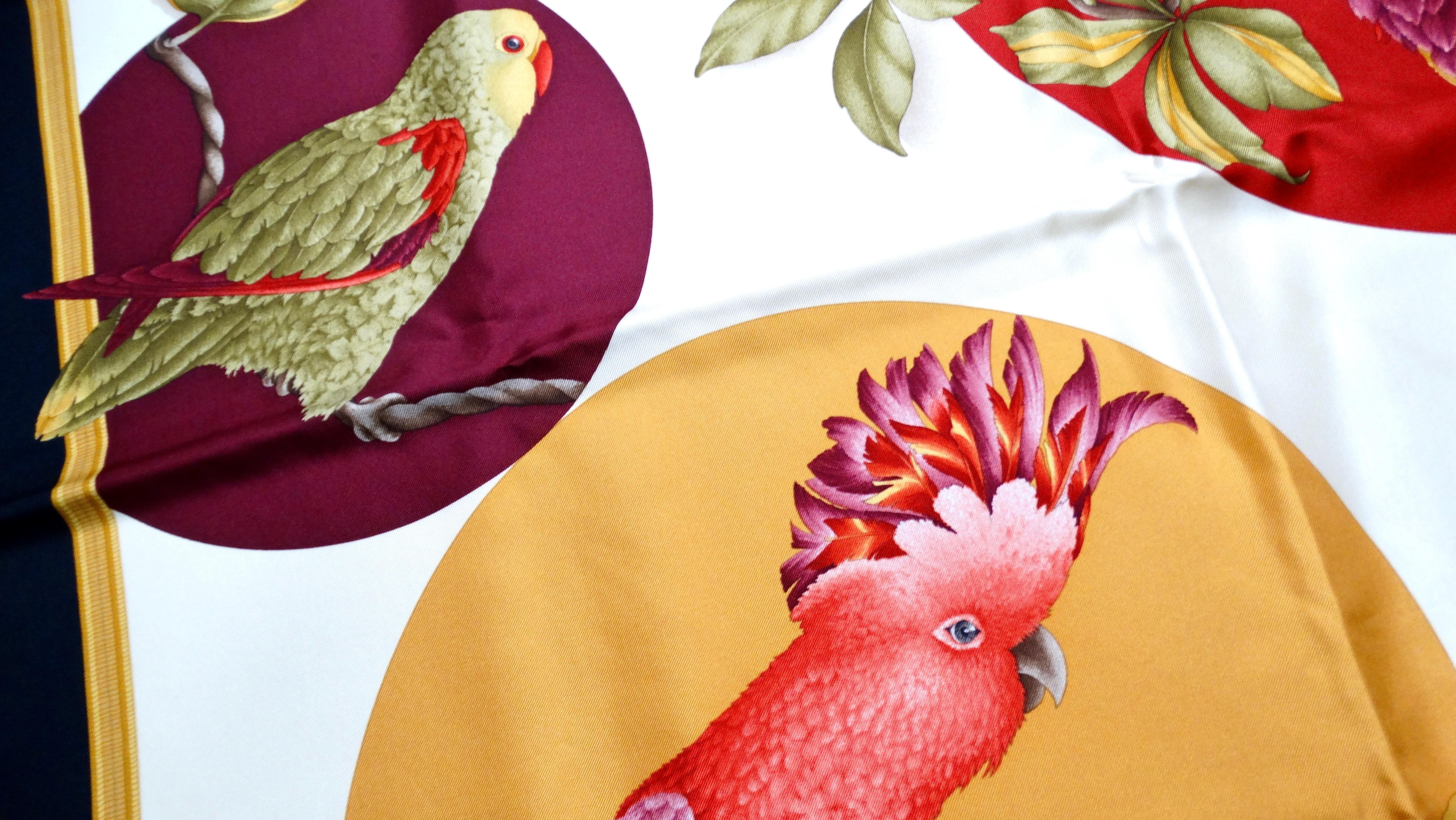 Salvatore Ferragamo Tropical Bird Print Silk Scarf circa 1990s In Good Condition For Sale In Scottsdale, AZ