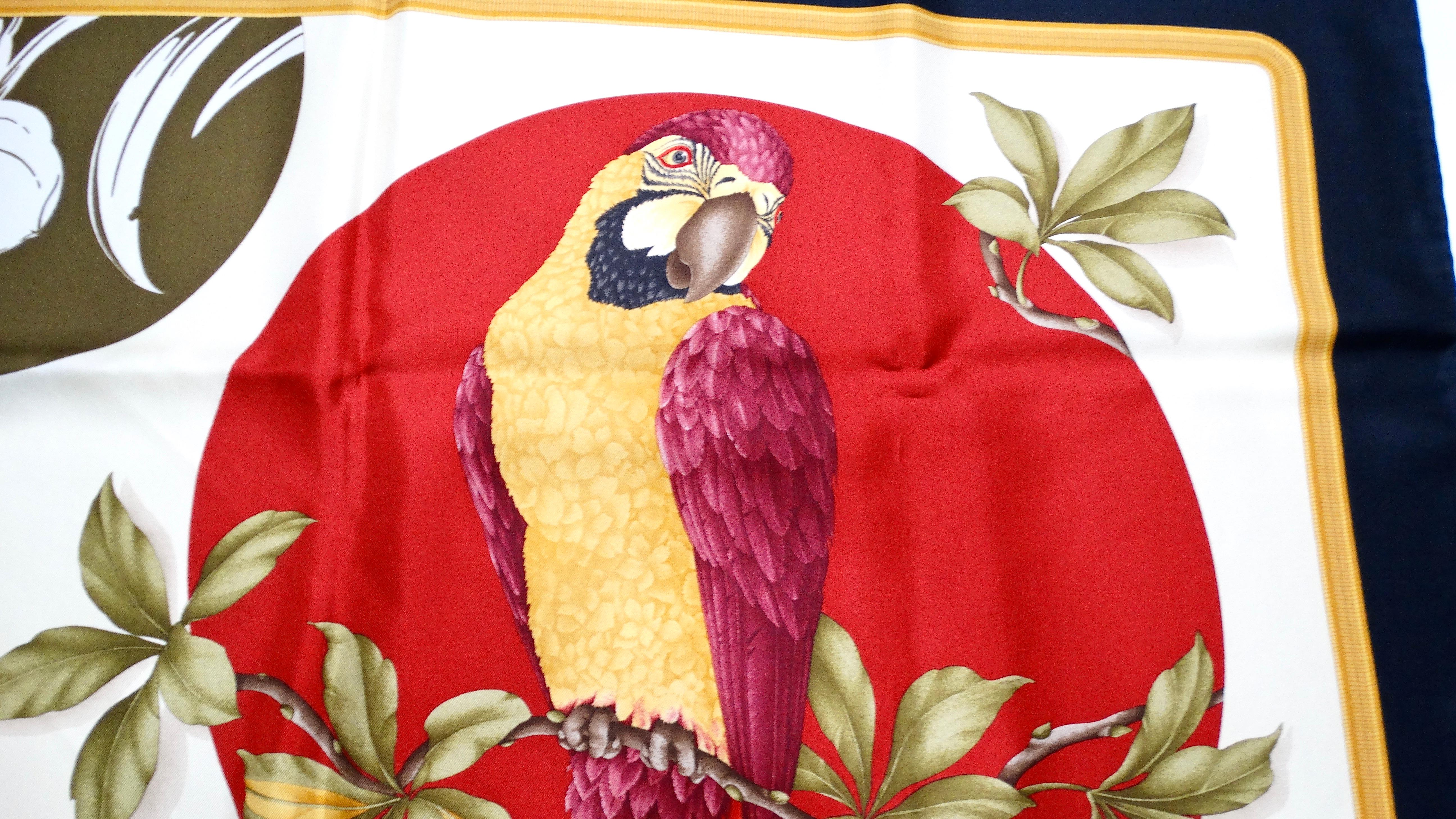 Women's Salvatore Ferragamo Tropical Bird Print Silk Scarf circa 1990s For Sale