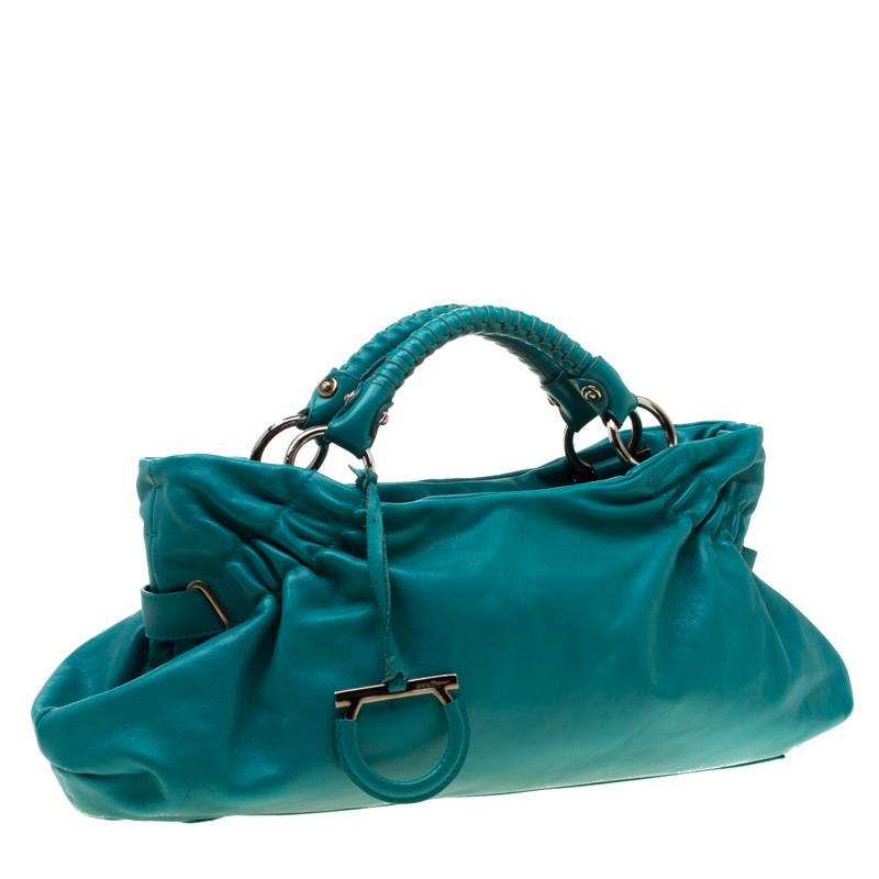 Salvatore Ferragamo Turquoise Leather Ottavia Satchel In Good Condition In Dubai, Al Qouz 2