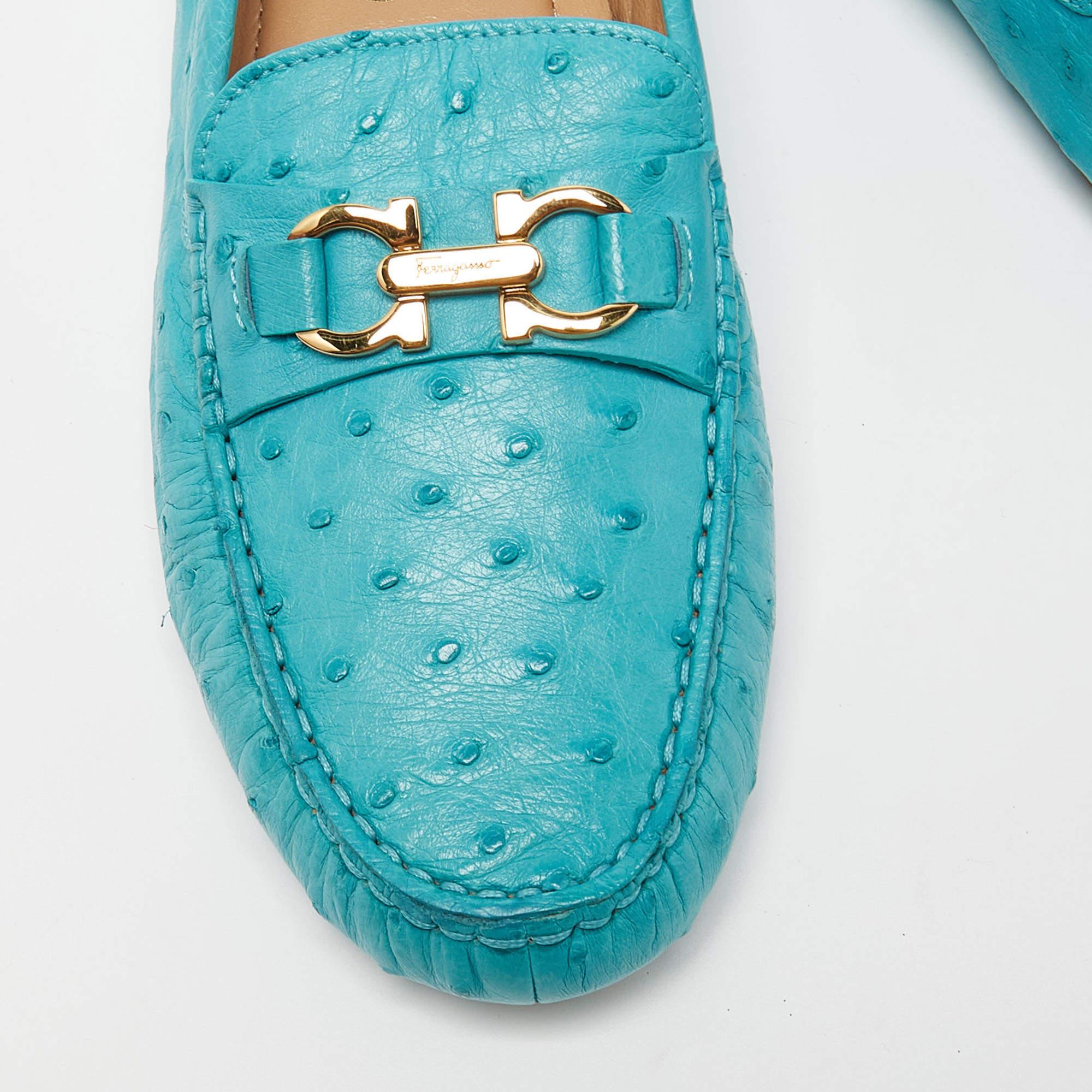 Women's Salvatore Ferragamo Turquoise Ostrich Leather Saba Slip On Loafers 