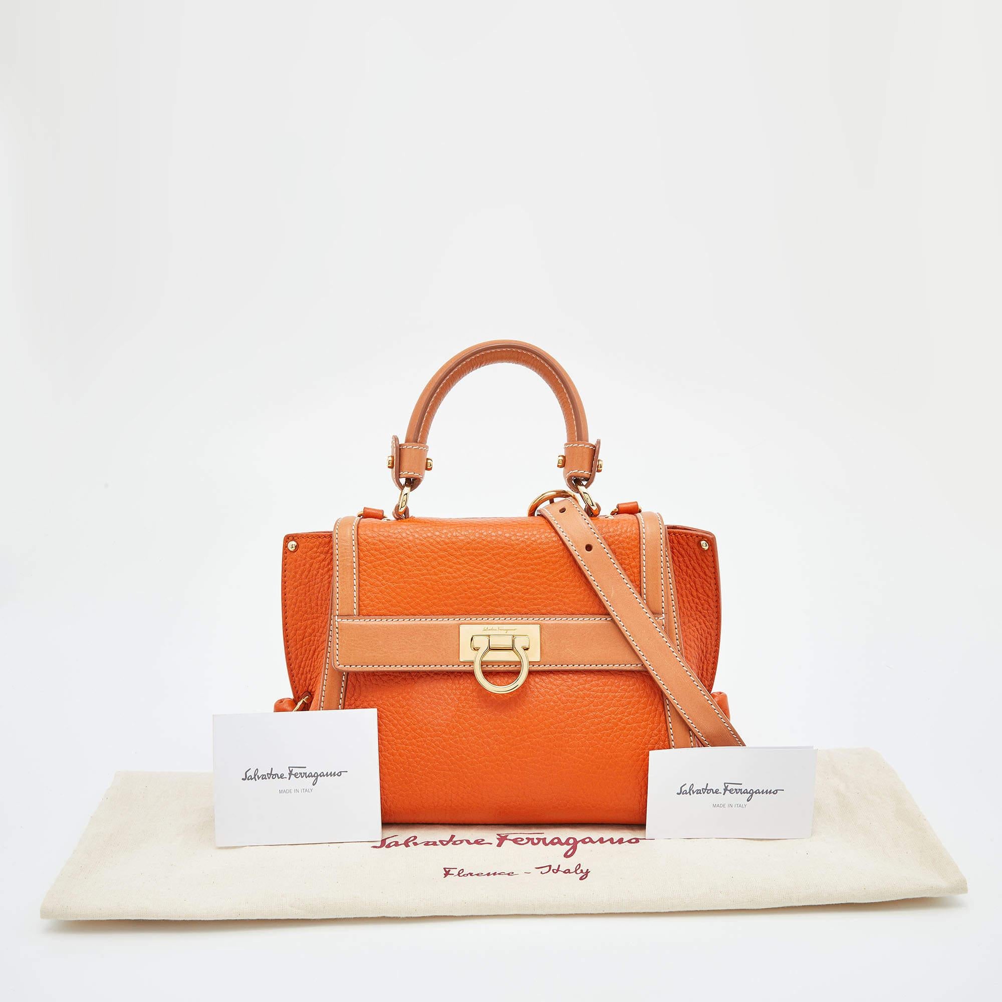 Salvatore Ferragamo Two Tone Orange Leather Small Sofia Top Handle Bag 5
