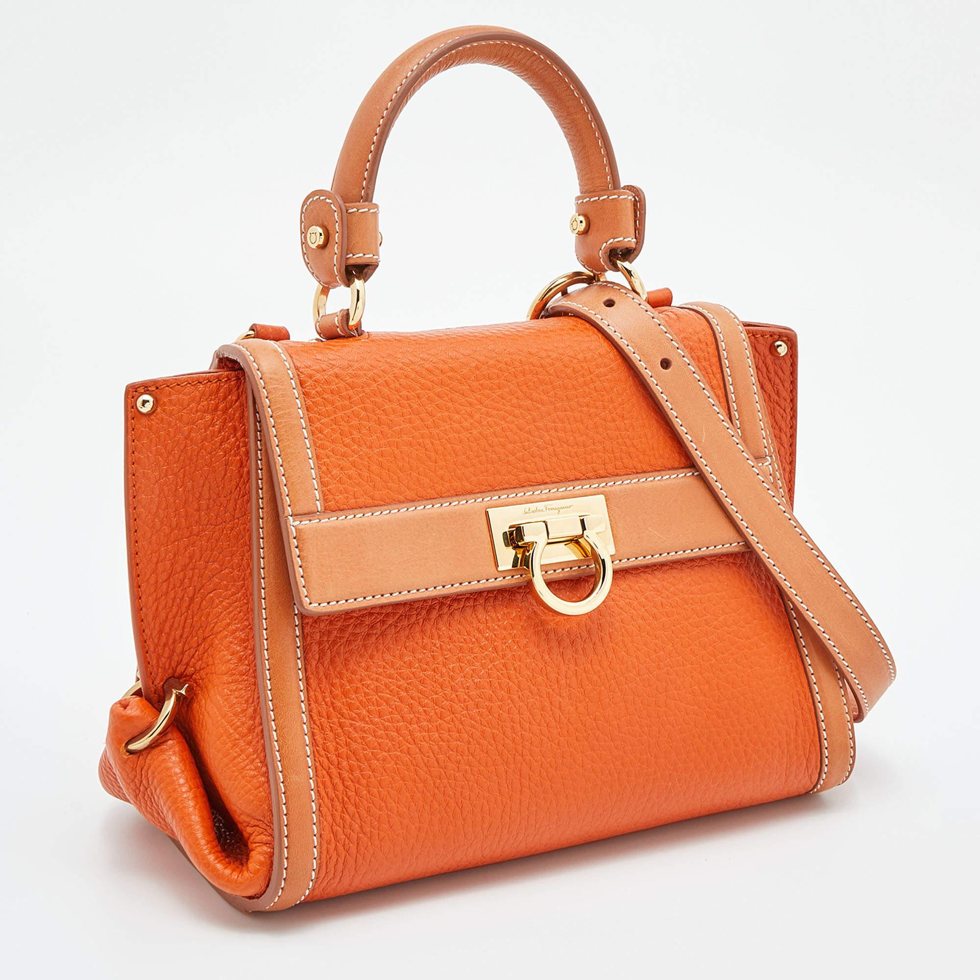 Salvatore Ferragamo Two Tone Orange Leather Small Sofia Top Handle Bag In Good Condition In Dubai, Al Qouz 2