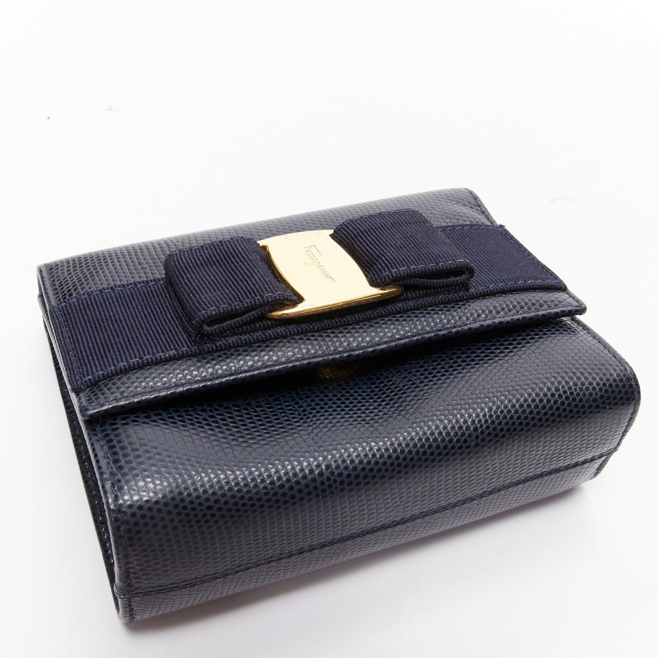 SALVATORE FERRAGAMO Vara Bow black scaled leather gold chain shoulder waist bag For Sale 2