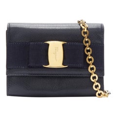 SALVATORE FERRAGAMO Vara Bow black scaled leather gold chain shoulder waist bag