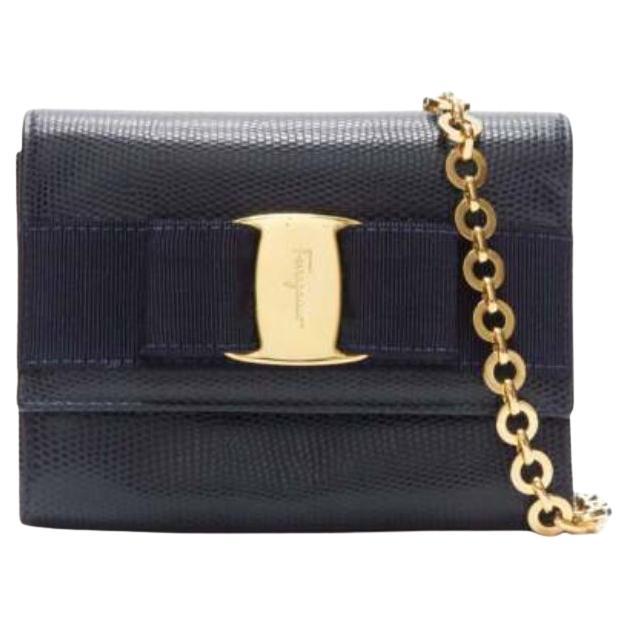 SALVATORE FERRAGAMO Vara Bow black scaled leather gold chain shoulder waist bag