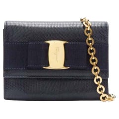 SALVATORE FERRAGAMO Vara Bow black scaled leather gold chain shoulder waist bag