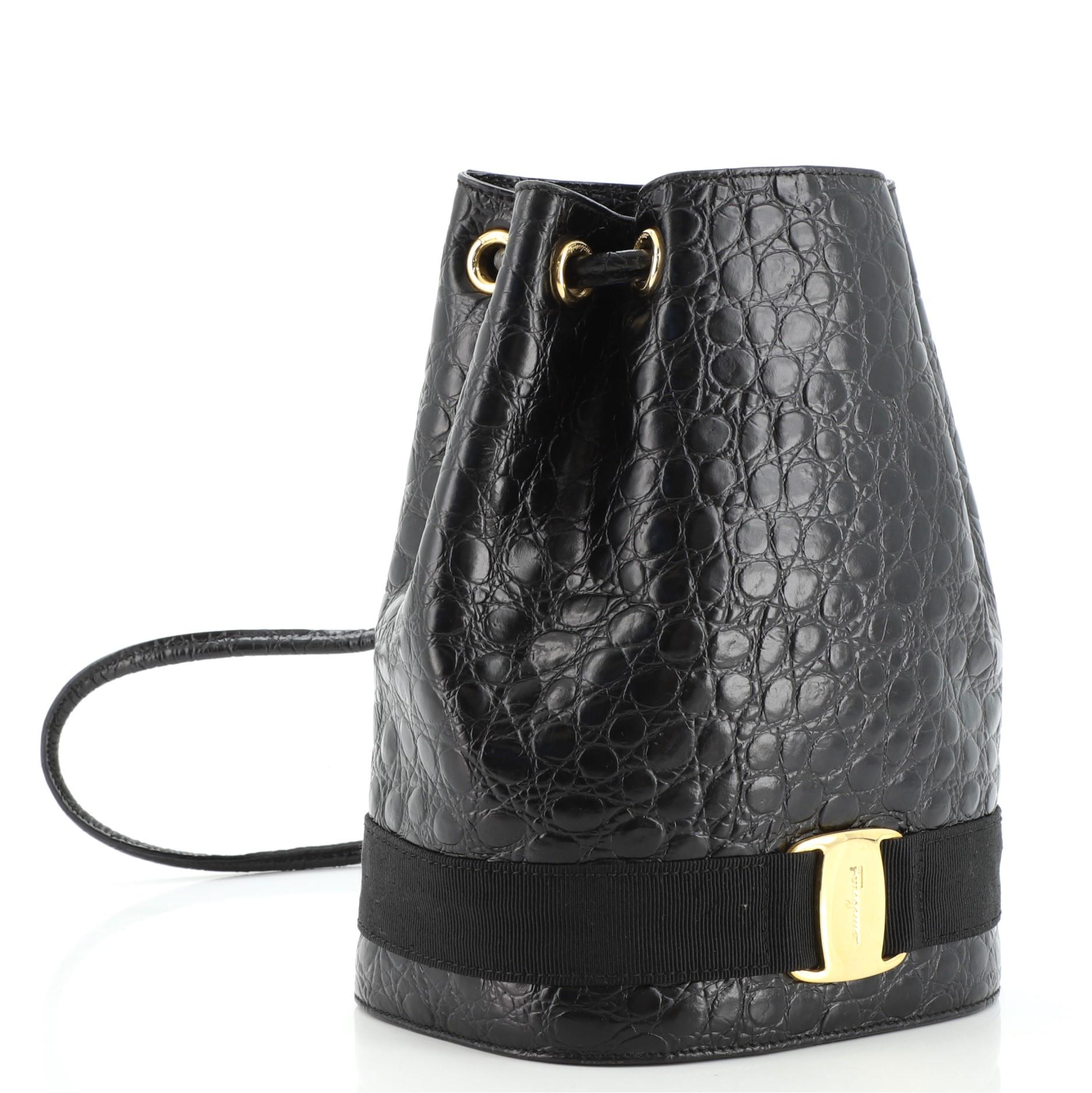 Black Salvatore Ferragamo Vara Bucket Backpack Embossed Leather Mini