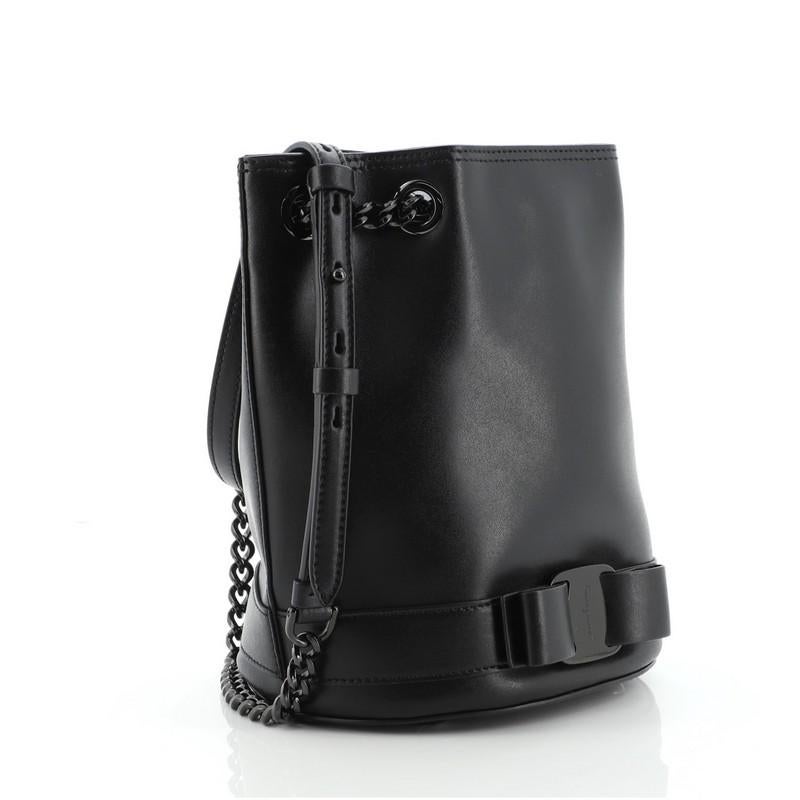 Black Salvatore Ferragamo Vara Chain Bucket Bag Leather Small