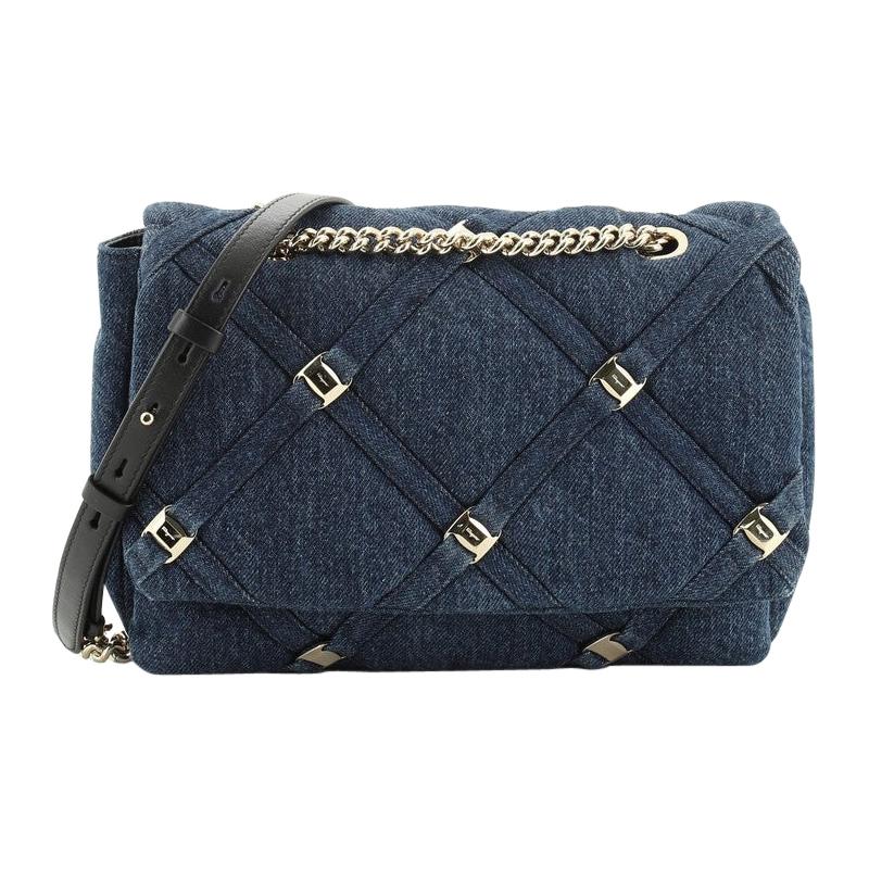 Salvatore Ferragamo Vara Chain Flap Shoulder Bag Quilted Denim Medium