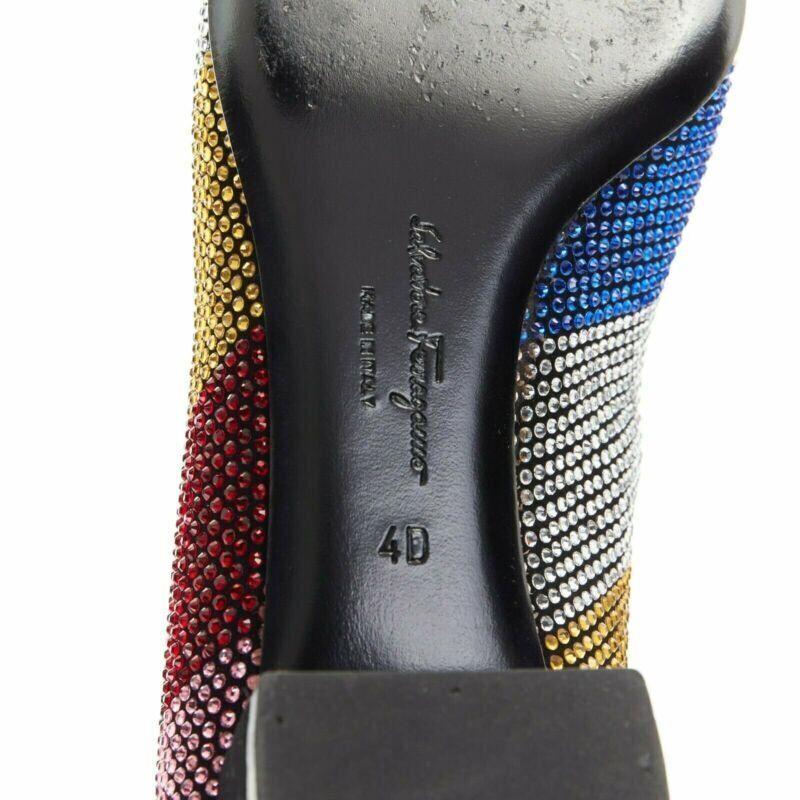 SALVATORE FERRAGAMO Vara rainbow crystal strass bow chunky kitten pump EU34 For Sale 6