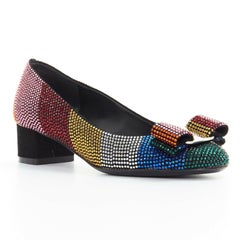 SALVATORE FERRAGAMO Vara rainbow crystal strass bow chunky kitten pump EU34D