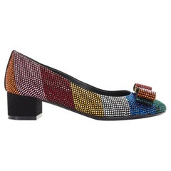 SALVATORE FERRAGAMO Vara rainbow crystal strass bow chunky kitten pump EU34D