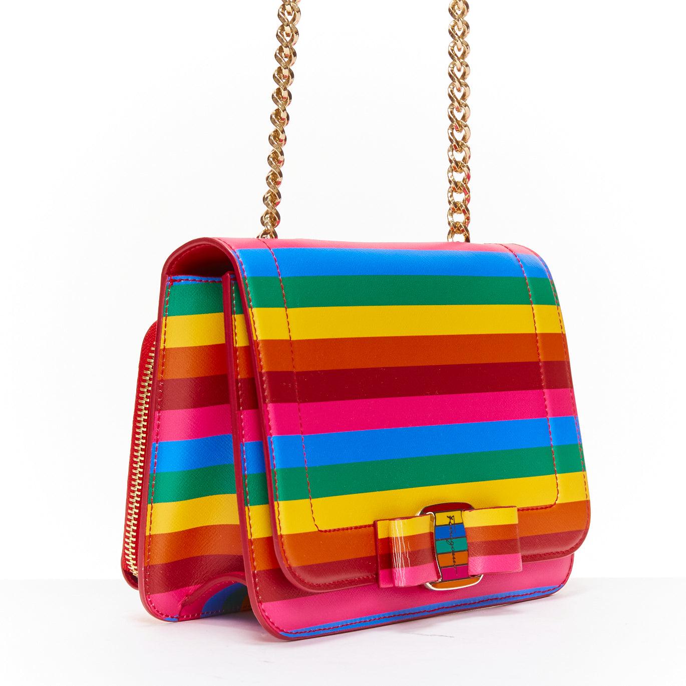 SALVATORE FERRAGAMO Vara rainbow stripe logo bow boxy chain crossbody bag In Good Condition For Sale In Hong Kong, NT