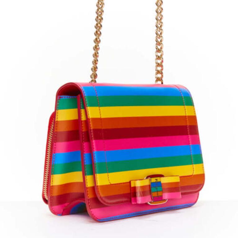 Orange SALVATORE FERRAGAMO Vara rainbow stripe logo bow boxy chain crossbody bag