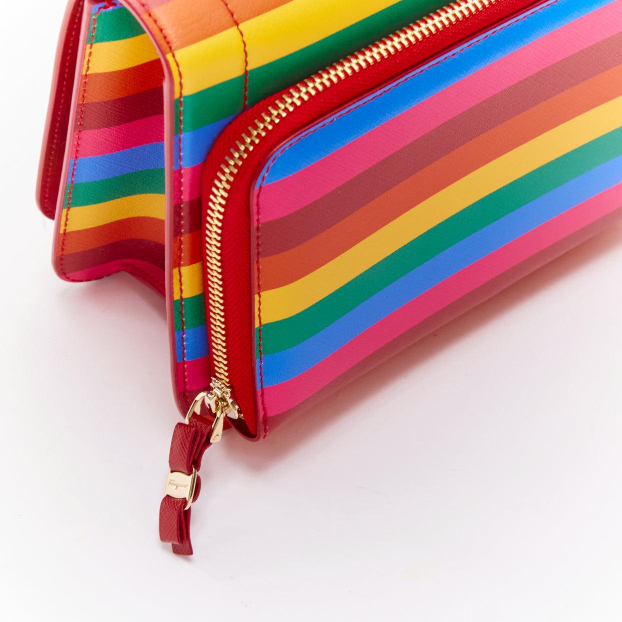 SALVATORE FERRAGAMO Vara rainbow stripe logo bow boxy chain crossbody bag For Sale 4