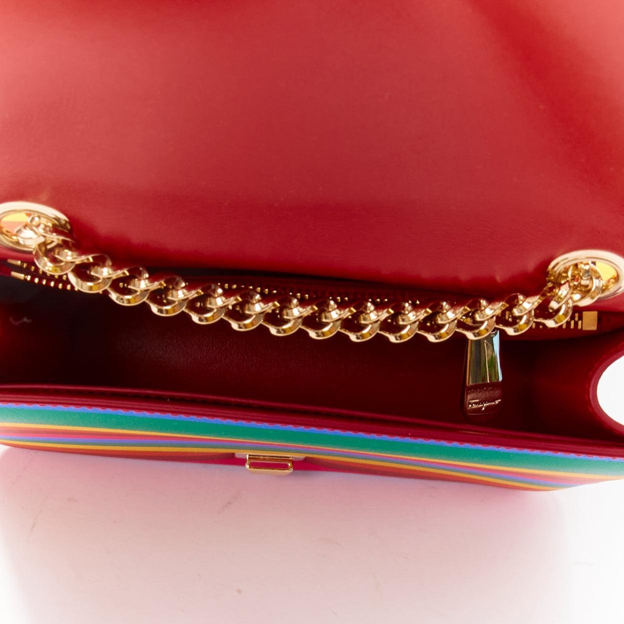 SALVATORE FERRAGAMO Vara rainbow stripe logo bow boxy chain crossbody bag 4