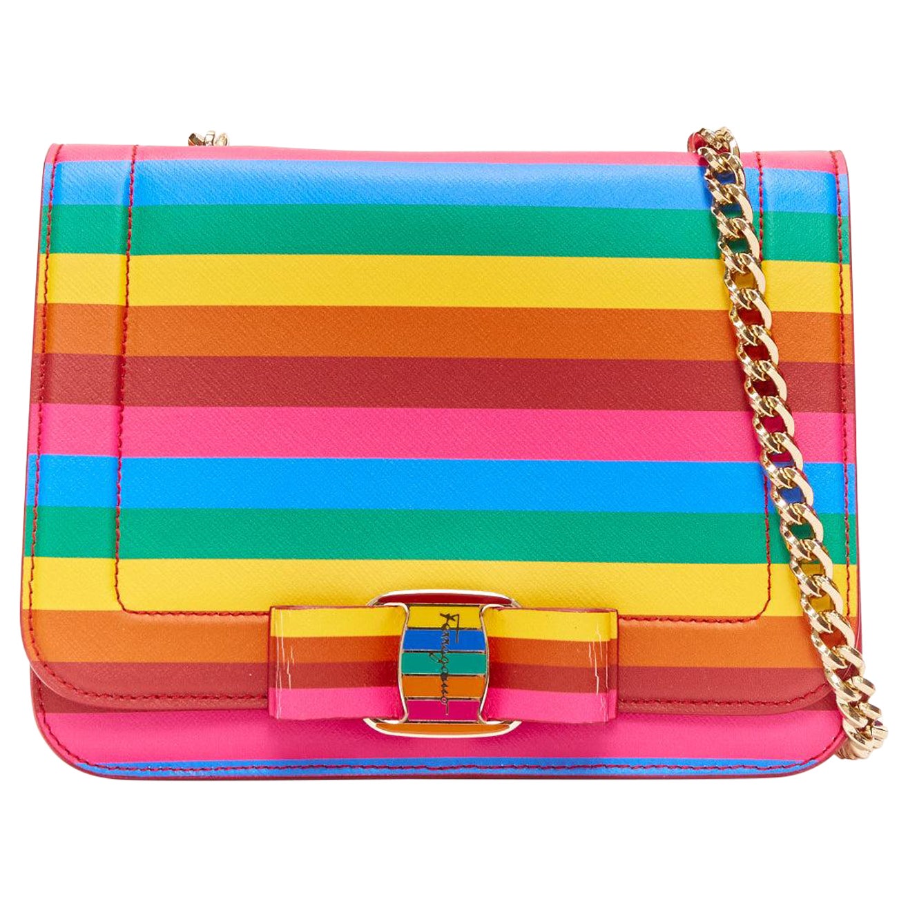 SALVATORE FERRAGAMO Vara rainbow stripe logo bow boxy chain crossbody bag