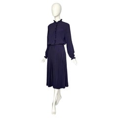Salvatore Ferragamo Vintage 1970s Blue Silk Set Pleated Skirt & Ruffled Blouse