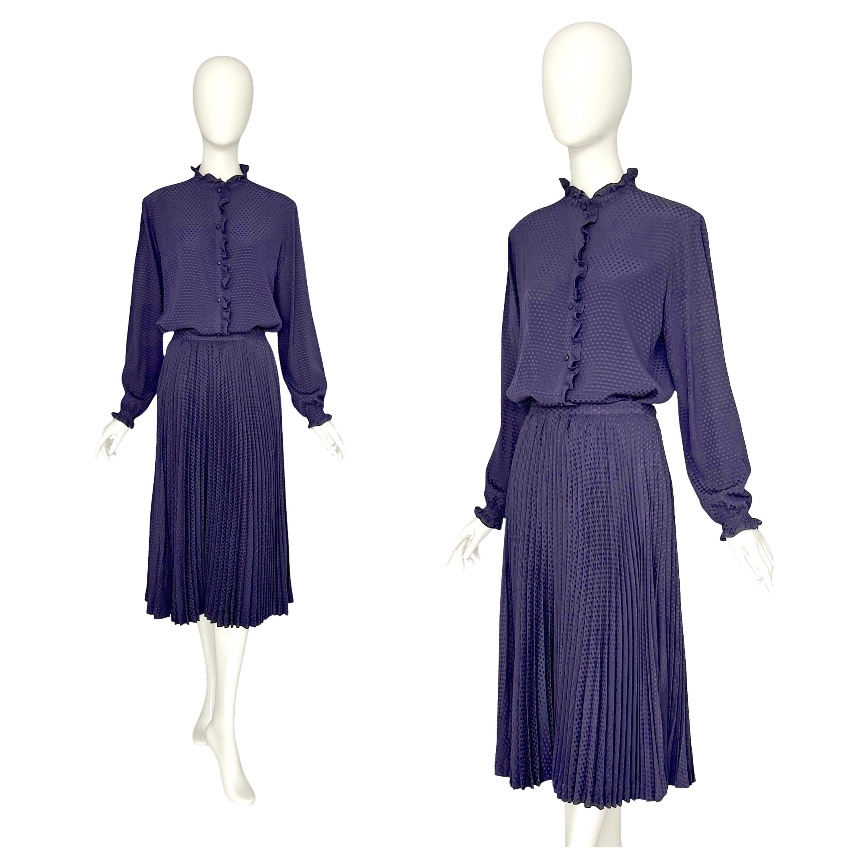 Salvatore Ferragamo Vintage 1970s Blue Silk Set Pleated Skirt & Ruffled Blouse