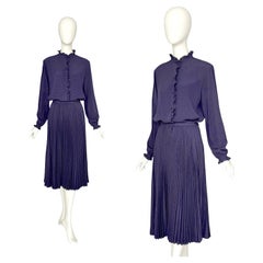 Salvatore Ferragamo Vintage 1970s Blue Silk Set Pleated Skirt & Ruffled Blouse
