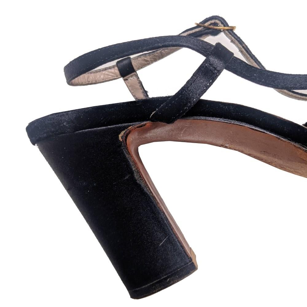 Salvatore Ferragamo Vintage 70s black silk satin and velvet sandals For Sale 2