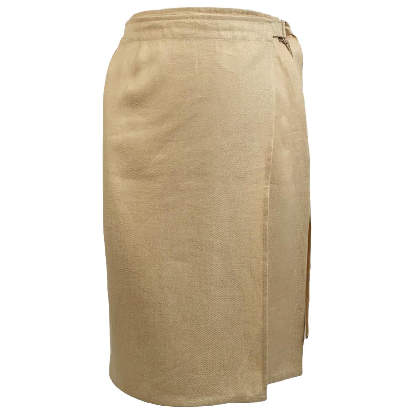 Salvatore Ferragamo Vintage Beige Linen and Silk Wrap Skirt Size 44