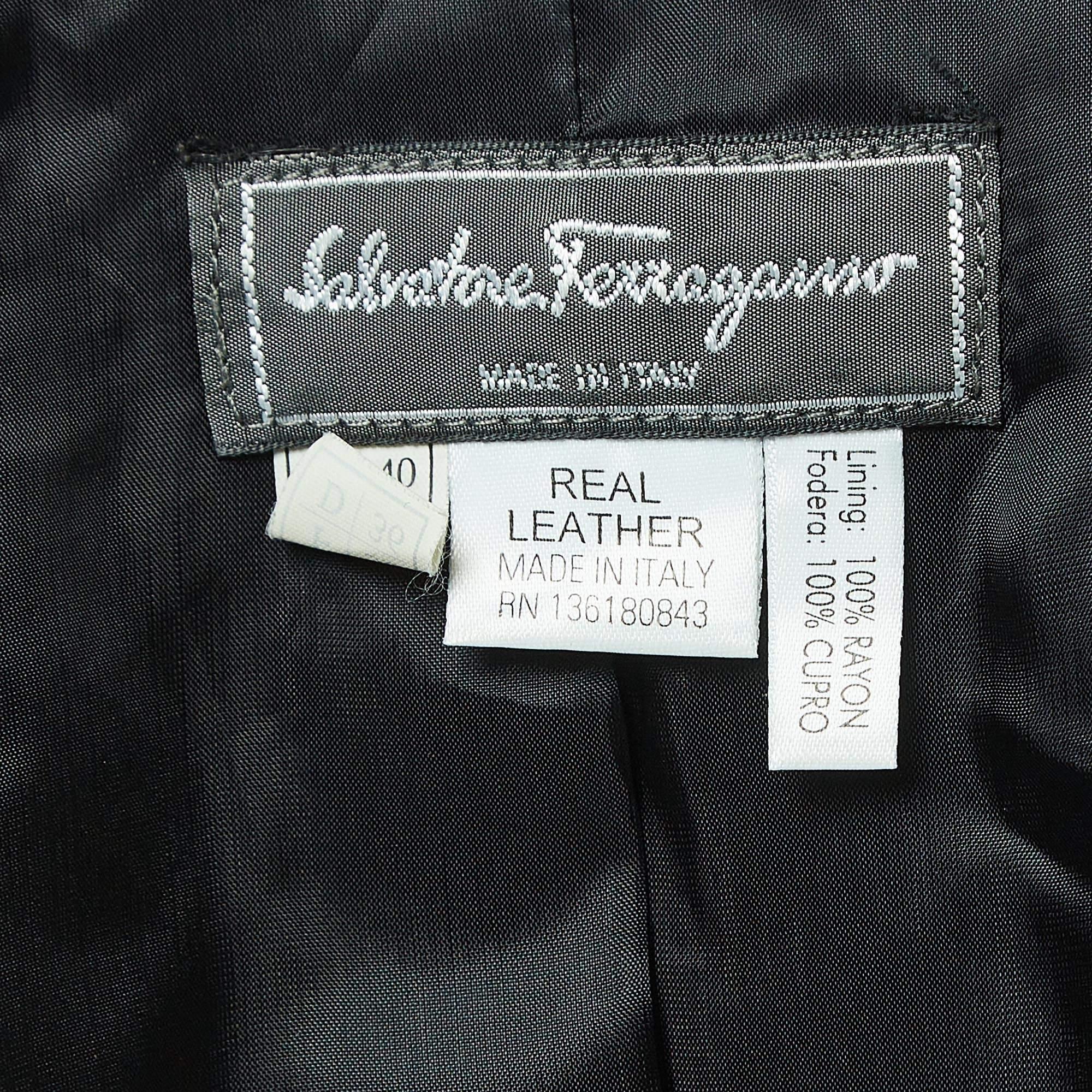 Salvatore Ferragamo Vintage Black Leather Buttoned Jacket S In Good Condition In Dubai, Al Qouz 2