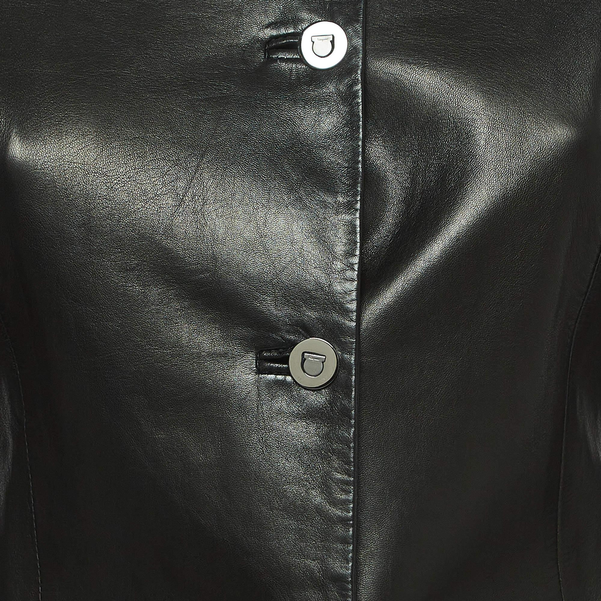 Salvatore Ferragamo Vintage Black Leather Buttoned Jacket S 1