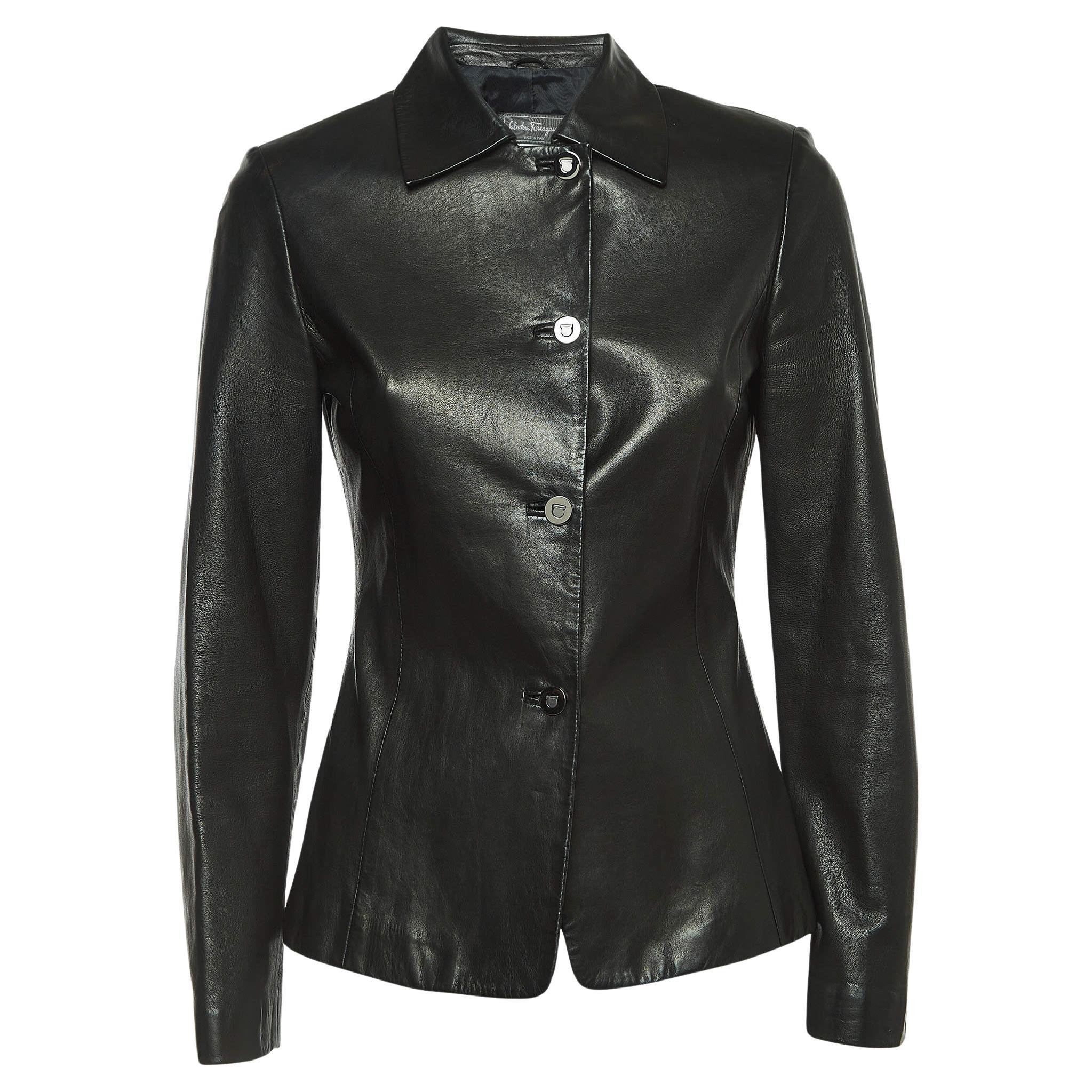 Salvatore Ferragamo Vintage Black Leather Buttoned Jacket S