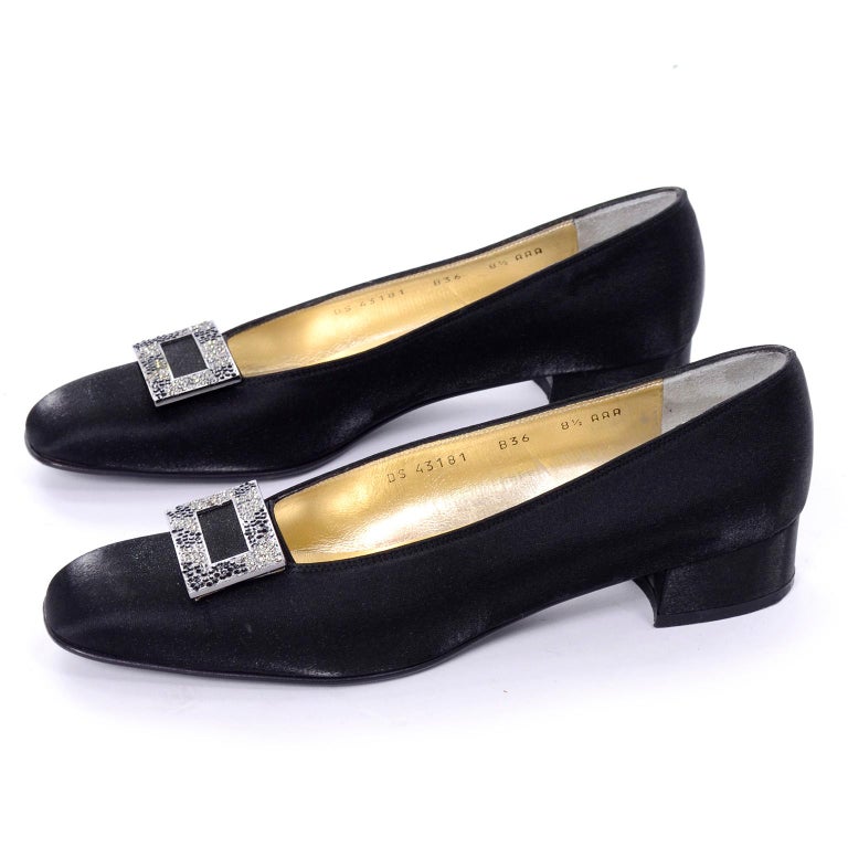 Salvatore Ferragamo Vintage Black Satin Pumps with Rhinestone Buckles 8 ...