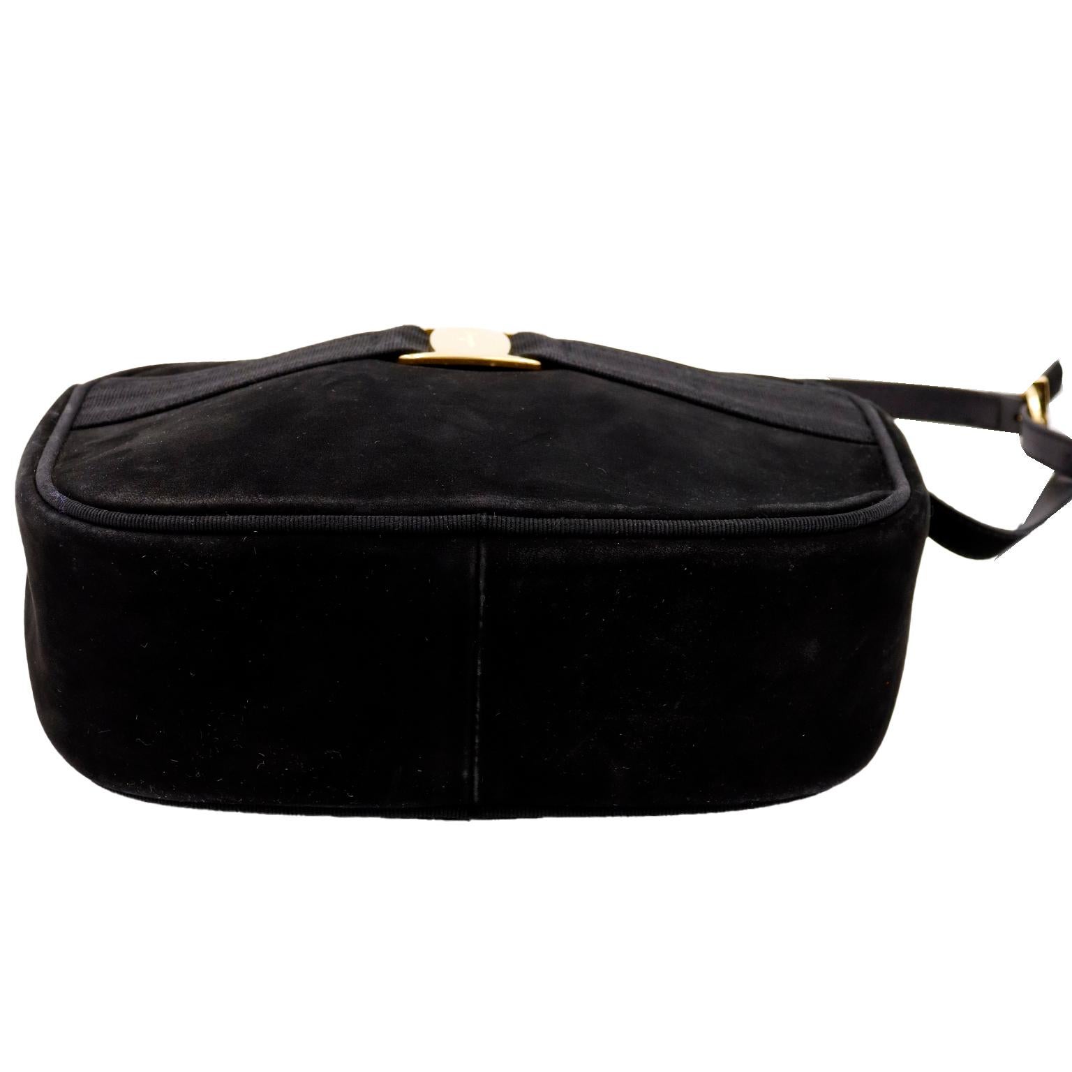 Women's Salvatore Ferragamo Vintage Black Suede Shoulder Bag W Gold Monogrammed Hardware For Sale