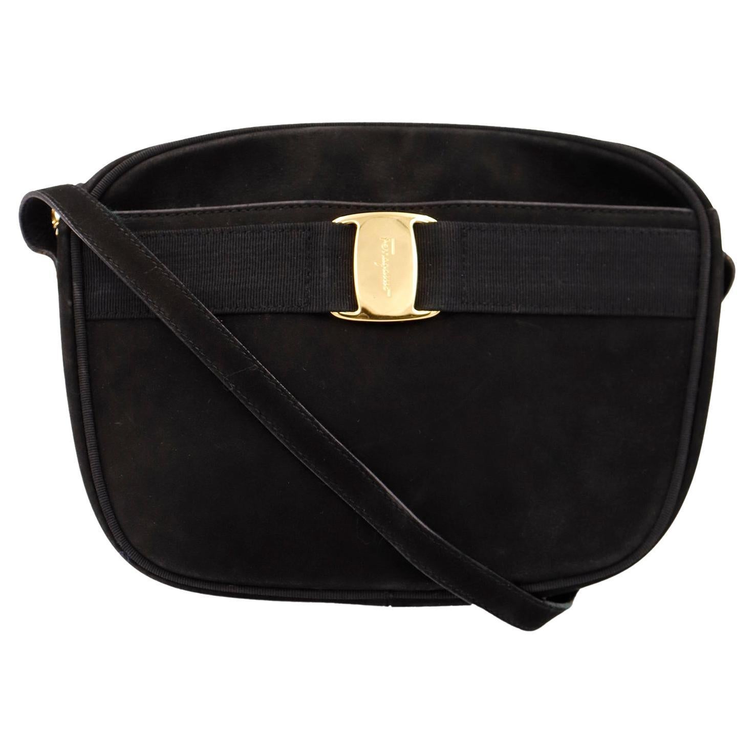 Salvatore Ferragamo Vintage Black Suede Shoulder Bag W Gold Monogrammed Hardware For Sale