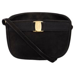 Salvatore Ferragamo Vintage Black Suede Shoulder Bag W Gold Monogrammed Hardware