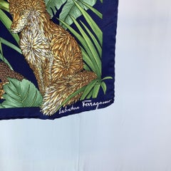 Salvatore Ferragamo Vintage Blue Tiger Lion Neck Scarf Pocket Square