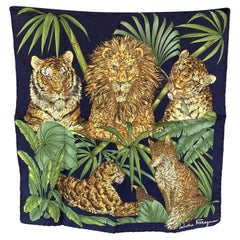 Salvatore Ferragamo Vintage Blue Tiger Lion Neck Scarf Pocket Square